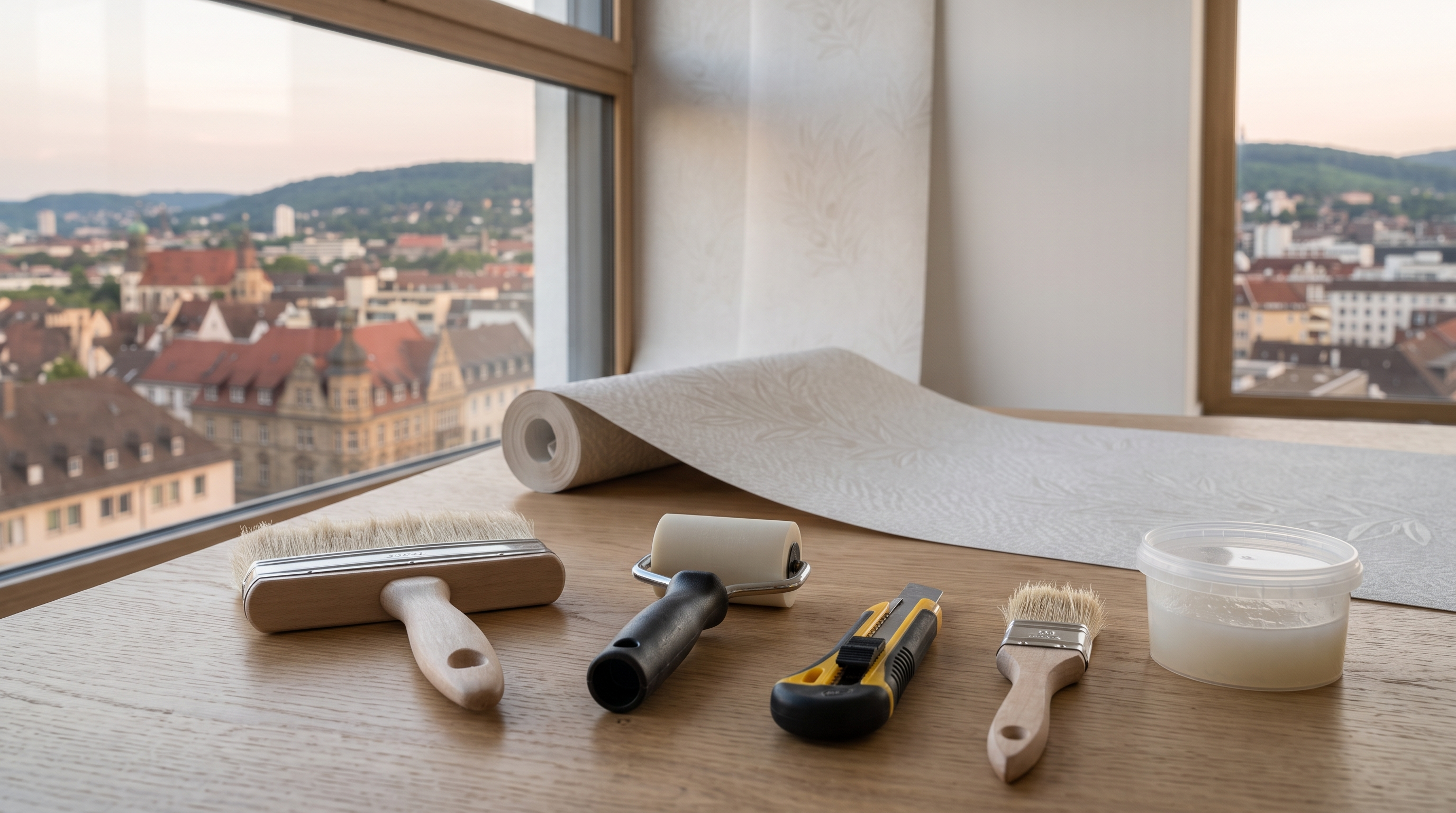 Vorbereitete Werkzeuge und Materialien für das Tapezieren